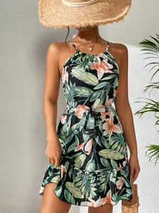 Elegant Women's Sleeveless Halter Neck Dress, Summer Print Backless Vest Style, Ladies' Fashionable Casual Chic Wear One-Piece