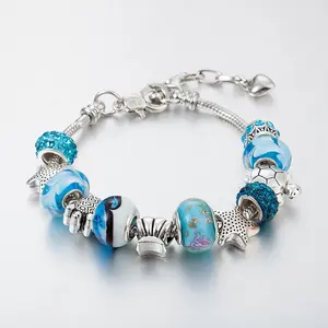 Ocean Theme Starfish Sea Turtle Bracelet Size 18+5cm with Blue Beads and Charms