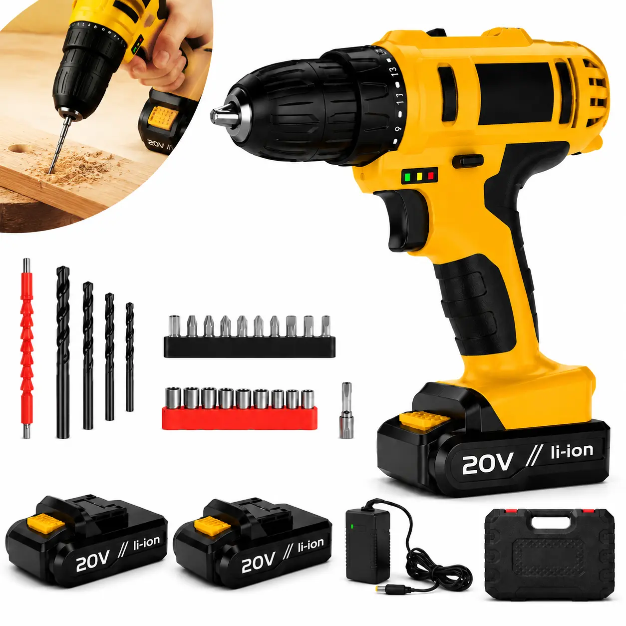 20V Cordless Drill Driver Kit, Electric Power Drill with 20V Lithium Battery, Charger & Accessories Set for Home DIY, Wood Drilling, Furniture Assembly and Repair Projects