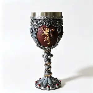 Medieval Golden Lion Heraldic Crest Wine Goblet, Antique Ornate Polyresin Chalice with Removable Stainless Steel Liner, Game of Thrones Style Royal Lion Coat of Arms Gothic Bar Drinkware, Fantasy Medieval Collectible Gift