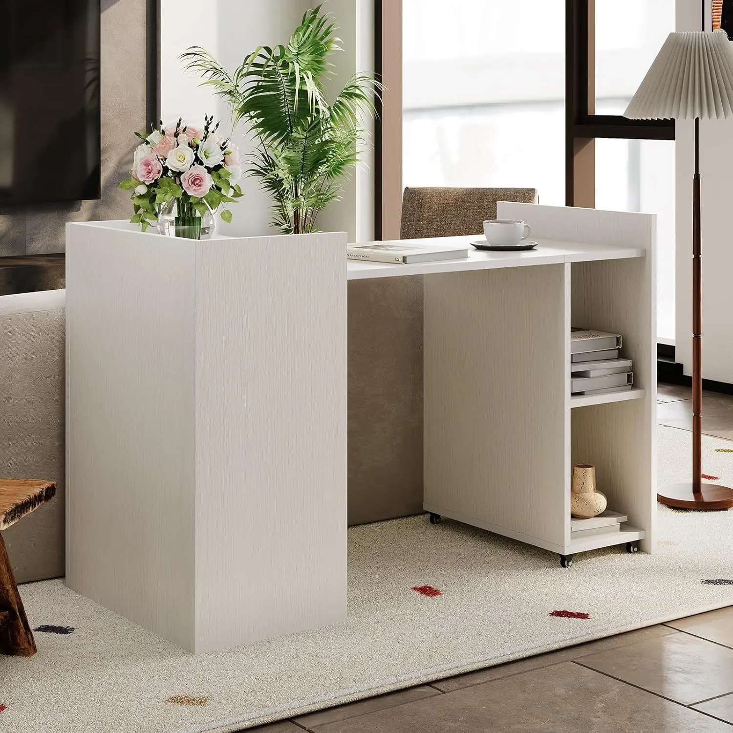 Folding Computer Desk with Storage Shelves, Compact Extension Computer Table, Space Saving Folding Desk with Extendable Drop-Leaf for Small Spaces, Home Office, Bedroom