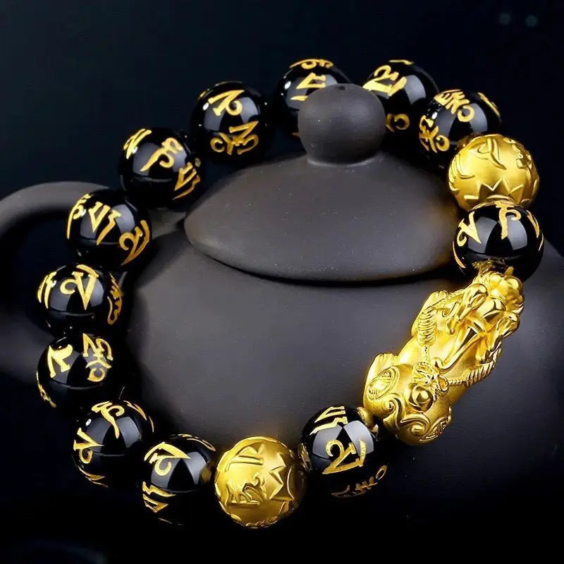 FengShui Wealth And Luck Bracelet | Black Obsidian Pixiu Wealth Bracelet Prosperity Buddha Beads | Elastic Bracelets for Women Men Jewelry
