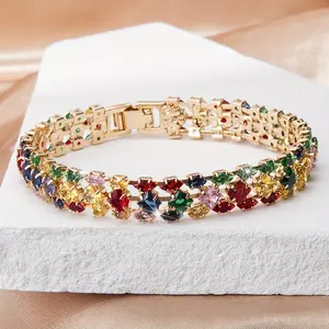 [Perfect Multicolor Geometric Zirconia Watch] Elegant Boho-Chic Multicolor Geometric Zirconia Watch Clasp Chain Bracelet for Women - Perfect for Everyday & Vacation Parties