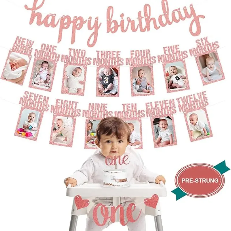 1st Birthday Baby Photo Banner, 17pcs First Birthday Decorations, Rose Gold Garland Bunting, Includes One Cake Topper, for Girls Aged 0-12 Months, Happy Birthday Banner, Home Party Decorations, Party Supplies, Party Banners