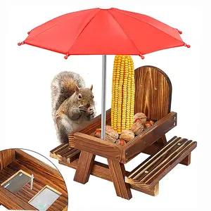 Portable Squirrel Feeder with Umbrella, Air Circulation Nets, Durable Carbonized Wood Structure, Corn COB Frame Design, Ideal for Outdoor Use Wildlife