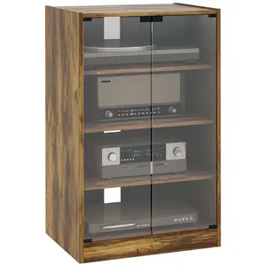 5-Tier Media Cabinet – Rustic Brown. Tempered Glass Doors (Remote Signals Pass Through). 2 Adjustable Shelves (3 Levels Each). Rear Cable Ports. Anti-Tipping Kit