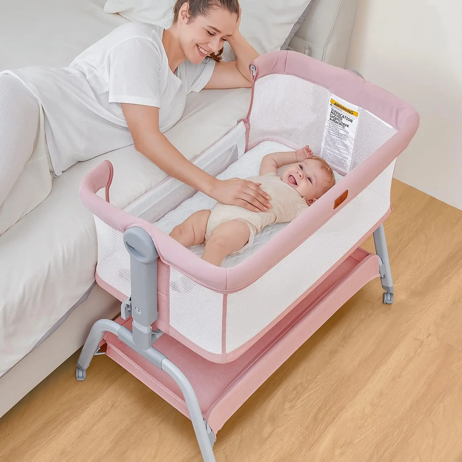 BabyBond 3 in 1 Baby Bassinet, Bedside Sleeper with 4-Sided Mesh, 6 Height Adjustable Bedside Crib for Newborn, Easy Folding Portable Crib with Washable Soft Mattress and Sheet, Storage Basket & Wheels Included, Ideal Gift for Infant-Pink, #Summervibes