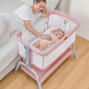 BabyBond 3 in 1 Baby Bassinet, Bedside Sleeper with 4-Sided Mesh, 6 Height Adjustable Bedside Crib for Newborn, Easy Folding Portable Crib with Washable Soft Mattress and Sheet, Storage Basket & Wheels Included, Ideal Christmas Gift for Infant-Pink