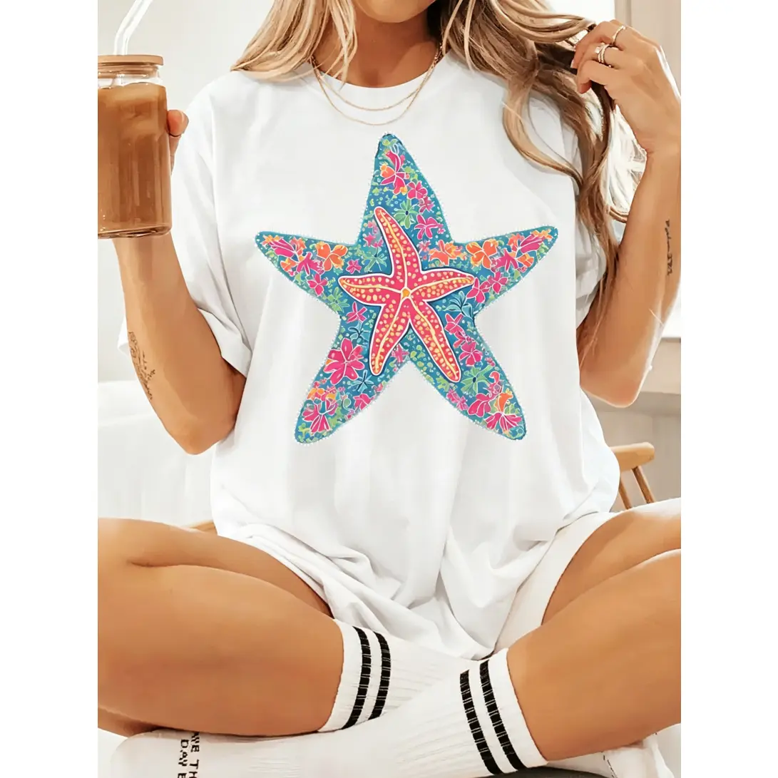 Women's Soft Cotton Blend Starfish Graphic T-Shirt Top, Crew Neck, Oversize Loose Cut, Lightweight Breathable, Reinforced Seams, Everyday Summer Beach Vacation Casual Streetwear Top