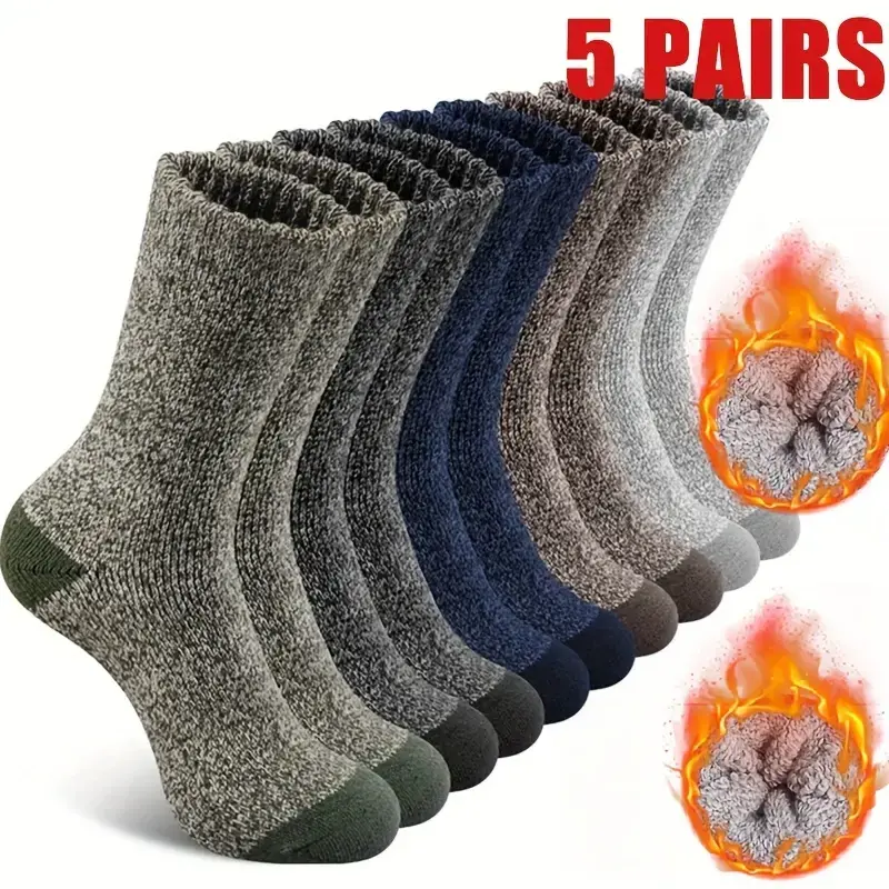 5 Pairs Men's Thermal Winter Socks - Cozy & Warm for Hiking, Fishing | Breathable Polyester Blend with Wool, Acrylic & Rayon | Ribbed Cuffs | Machine Washable, Warm Socks,clothes for back to school,first day of school outfits