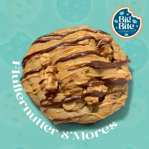 Fluffernutter S'More- Big Bite Cookie Co. Sweet Nostalgic Dessert Peanut Butter Cookie Stuffed With Fluffy Marshmallow Milk Chocolate Graham Cracker Loaded With Chocolate & Peanut Butter Chips Nutter Butter Pieces Drizzled With Fudge & Peanut Butte 6 Oz