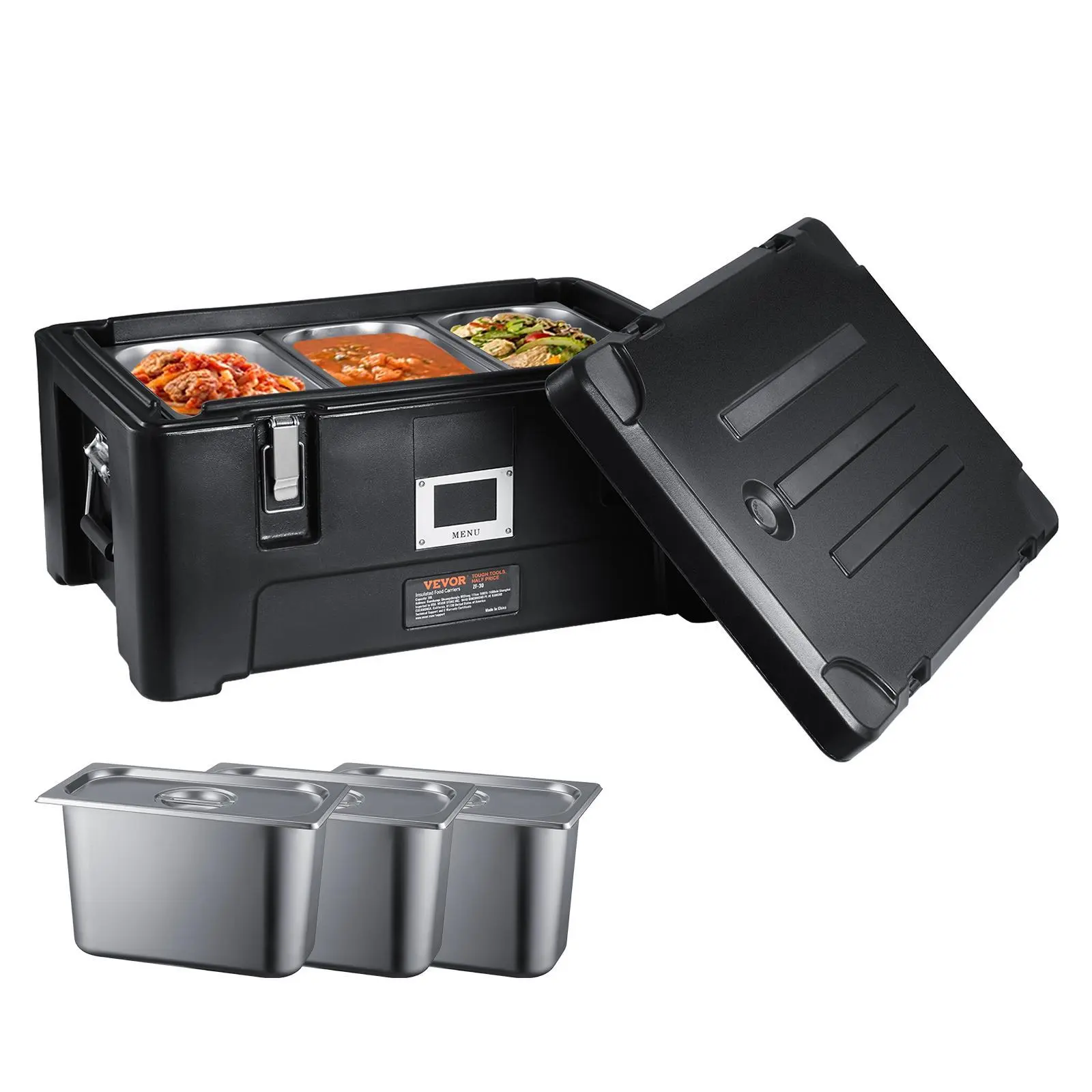 【Summerfinds】VEVOR Insulated Food Pan Carrier,  , 36Qt Capacity, Stackable Catering Hot Box with 3 Stainless Steel Pans, Top Load LLDPE Food Warmer with Elastic Side Handles and Buckles, for Restaurant Canteen, Black