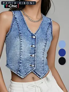 Women's Summer Cropped Denim Vest,  Stretch V-Neck Western Country Style Jean Vest Sleeveless Jean Waistcoat Vests Top