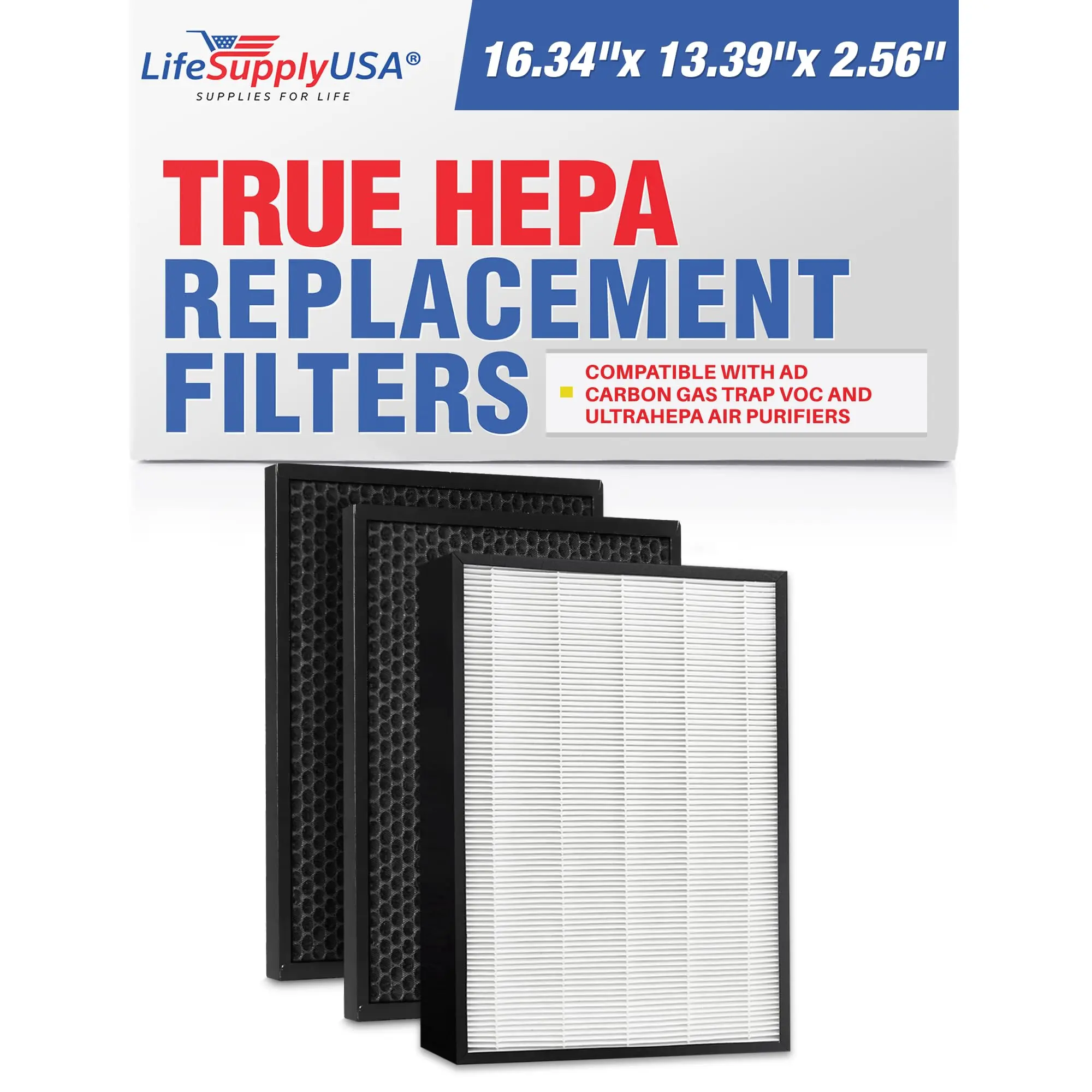 LifeSupplyUSA AD-300 Complete True HEPA & Activated Carbon Filter Replacement Set, 16x13 in Rectangular, Compatible with Air Doctor AD3000/AD3500 Air Cleaners, Carbon Gas Trap, Tool-Free Installation, Odor Removal, Eliminates Cooking Odors