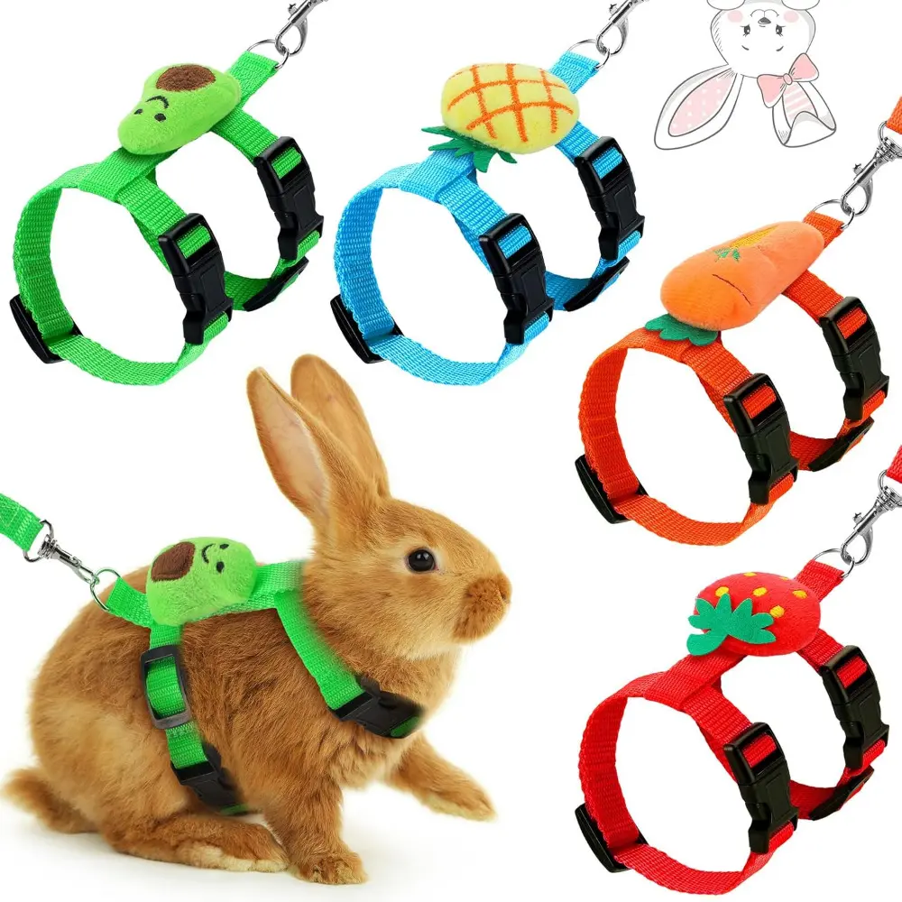 4-Set Adjustable Bunny Safety Universal Walking Harness and Leash Set for Small Pets - Cute Vest Harness with Decoration for Bunnies, Ferrets, Safety Harness