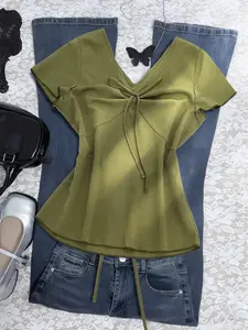 Retro style olive green strap V-neck top with flared short sleeves, cinched waist for slimming effect, pullover with intellectual style, a must-have for casual wear