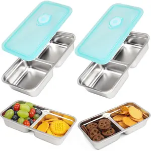 2pcs Grab and Go Snack Containers Stainless Steel, Reusable Snack Condiment Containers with Lids, Food Storage Set, Double Compartment Food Lunch Meal Container Prep for Travel, Leak Proof Lids, Leakproof Container, Airtight Container Set
