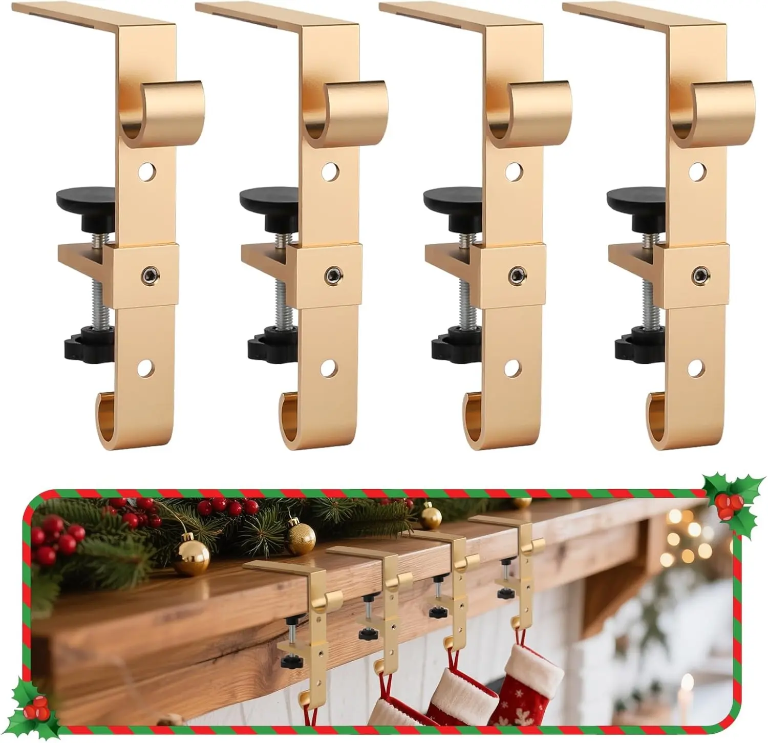 2 in 1 Adjustable Christmas Stocking Hangers for Mantel, No-Drill Easy to Install Garland Hanger for Christmas Decorations, Fits 0.1”-3.5” Mantles, Gold, 8 Pack