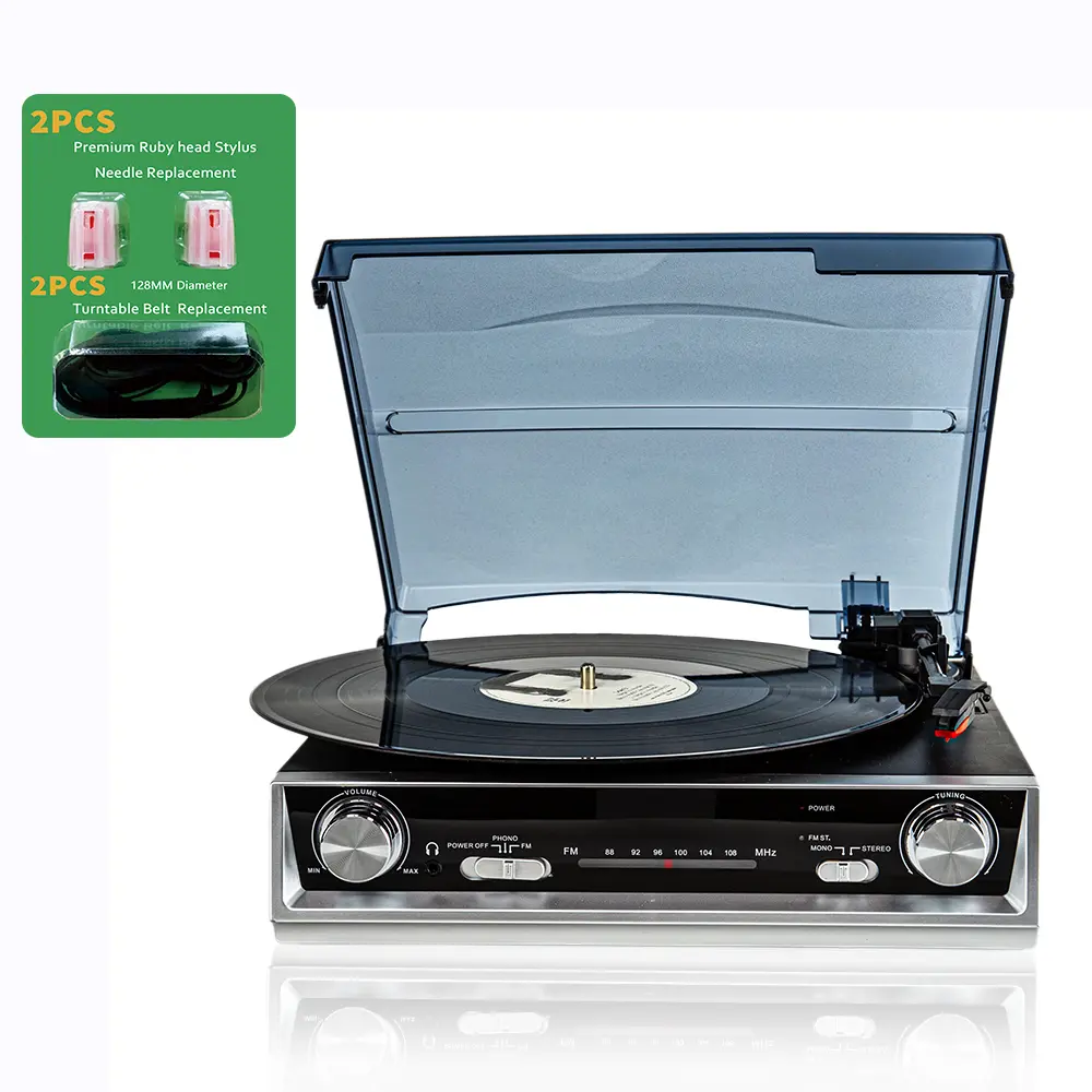 Classic Tabletop Vintage Belt Drive 3-Speed Turntable for Vinyl Records - Stereo with Built-In Speakers, AM/FM Radio Tuner, CD/DVD Player, 33/45/78 RPM, 2 Ruby Stylus Needles, 3.5mm Jack, RCA Line-Out, Ideal Gift Choice