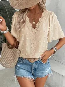 Elegant Swiss Dot Lace Butterfly Sleeve Shirt, Long Sleeve Commuter Top, Loose Fit Casual Everyday Summer Blouse for Women