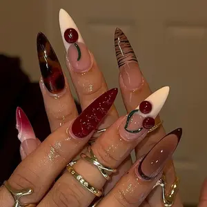 S273 Cherry Tortoise Press-On Nails, 3D Red Cherry & Glossy Marble Accents, Zebra Lines & Gradient Tips, Handmade Autumn Nail Art, Holiday Nails, Gift for Her