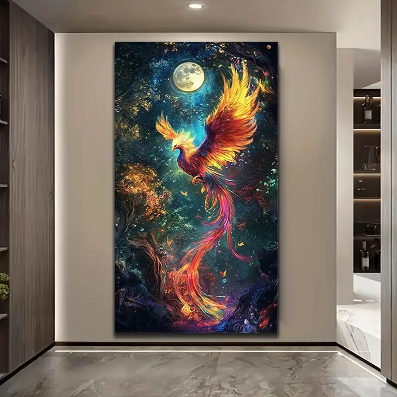 5D DIY Diamond Painting Kit, Craft, Large Size Phoenix in Forest Design, Full Round Drill Art, Home Decor Gift for Bedroom Living Room Office Bathroom
