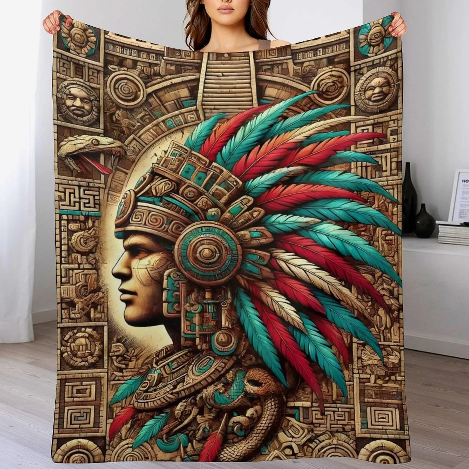 Native American Inspired Aztec Feathered Serpent Motif Soft Flannel Blanket - Warm, Cozy Feather Accent Throw for Bed, Couch, Infant, Child, Ideal for Native American Design Enthusiasts
