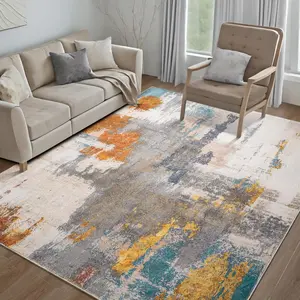 Grey Modern Abstract Faux Cashmere Area Rug With Non-Slip Backing, Machine Washable Indoor Rugs,Stain Resistant and Lint Free,Distressed Vintage Design Flower Area Rug for Living Room, Bedroom, Dining Room,Home Decor,5x7 Feet,6x9 Feet