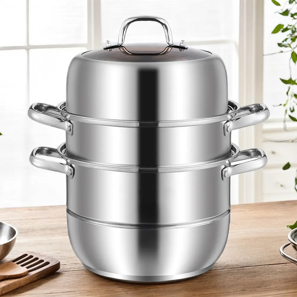 11 in Functional Multi-Tier Stainless Steel Steamer Pot - 1x 3-Layer Kitchen Cookware with Lid and Handle, High-Quality Material for Healthy Cooking, Home Use for Vegetables, Dumplings, Easy to Operate