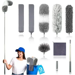9Pcs Dusters for Cleaning Kit, Extendable Microfiber Duster Tools with 100" Long Pole, Retractable Gap Bendable Dust Cleaner, Reusable Washable Cleaning Supplie for Ceiling Fan Furniture Cars and Home
