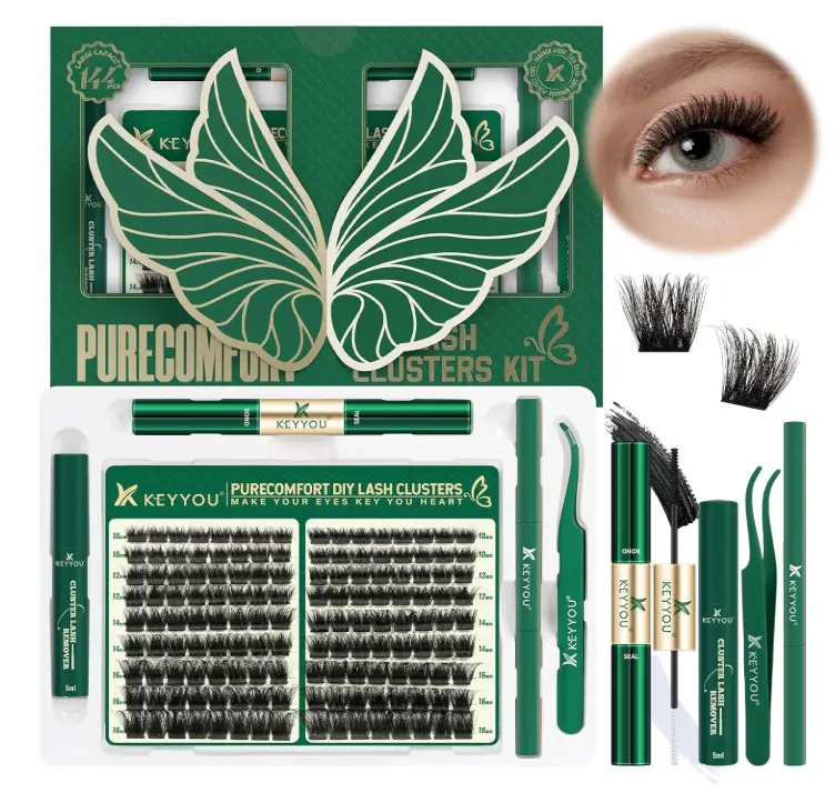 KEYYOU Lash Extension Kit 144pcs Thick Super Soft Lash Clusters,10-18mm D Curl Individual Lashes Kit with Bond and Seal Applicator and Brush Remover Easy to DIY at Home（PC03Kit-D-10-18MIX）