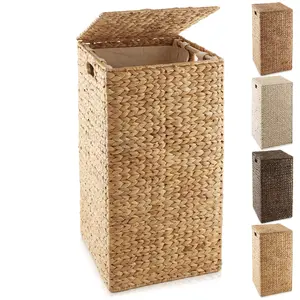 Casafield Square Laundry Hamper with Lid and Removable Liner Bag, Water Hyacinth, Woven Wicker Laundry Basket Sorter for Clothes and Towels