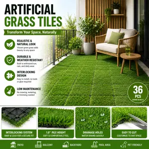 Artificial Grass Tiles Interlocking Lawn Patio Balcony Backyard Turf Floor 12x12 Inches 36Pcs Green Waterproof Deck Flooring Outdoor Doormat Dog Pet Astro Turf Balcony Rug Fake Grass Mat Porch Garden Decor