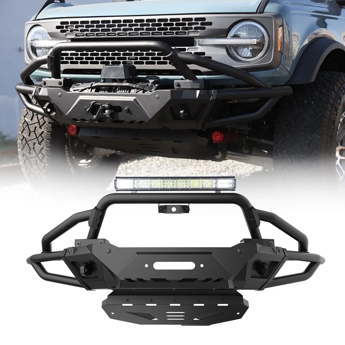 WOLFSTORM Steel Front Bumper Full Set for Ford Bronco 2021-2026 (Not for Bronco Sport) - Includes 1x 1b+2x Side Wings, 1x 2b+1x Bull Bar, Offroad Auto Replacement Part, 1X Front Bumper, 1X Main Body