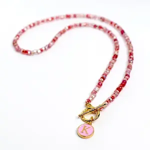 Pink Beaded Necklace with Custom Initial Charm, Fashion Costume Jewelry Accessory, Bead Accent Piece