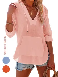 Aswulk Women's Beach Cover Up hoodies sweatshirt Long Sleeve V Neck Pocketed Hooded Shirt Top