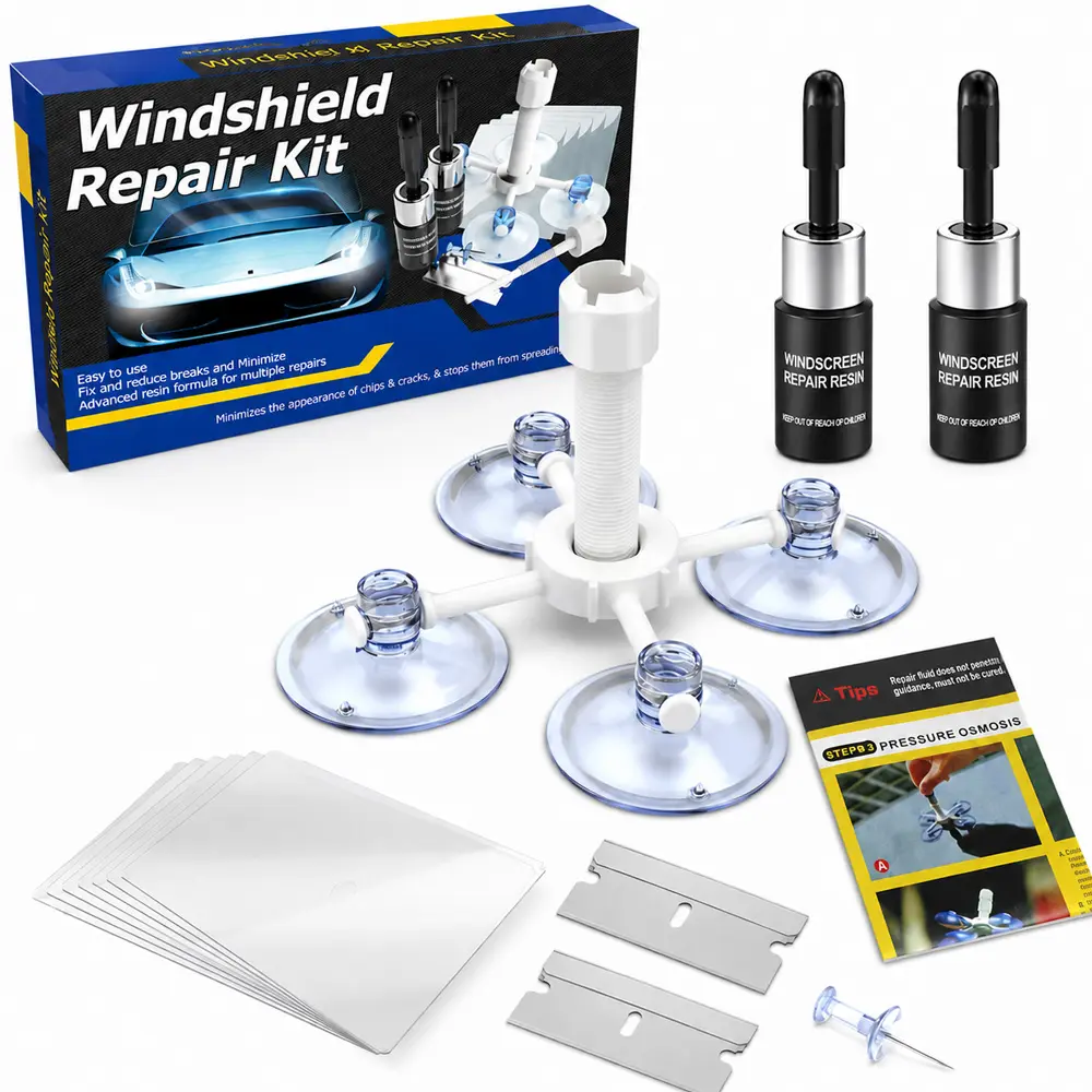 Windshield Repair Kit - 1 Kit with 2 Bottles Glass Crack Repair Liquid for Car Use, Fixes Bullseye, Star & All Crack Types, Cures When Exposed to Sunlight, Cracked Windshield Repair Kit, Glass Repair Fluid