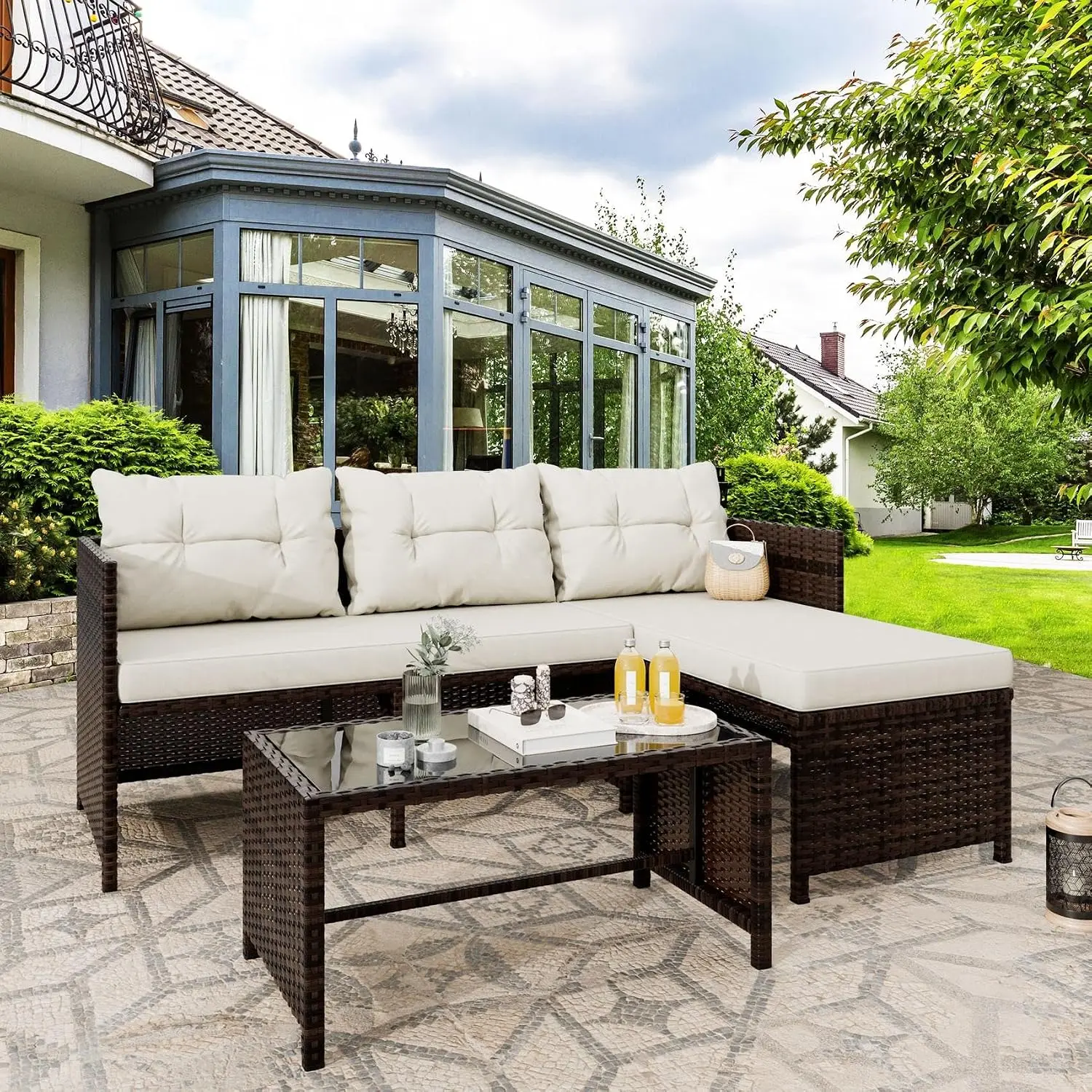 Patio Furniture Sets 3 Piece, All-Weather PE Wicker Outdoor Sofa Couch Sectional Set, Small Conversation Set for Garden/Patio w/Cushion, Glass Table,(Beige Cushion)