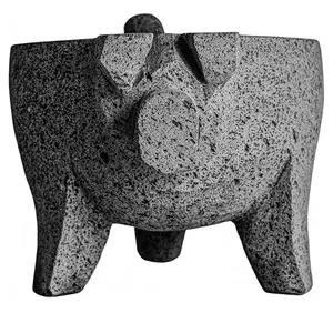 8.6 Inch Molcajete Mortar And Pestle With Pig Design  Mexican Handmade Lava Stone Ideal As Bowl Spice Volcanic