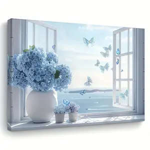 [Hanging Art]2D Flat, 1pc Blue Butterfly& Hydrangea Canvas Print, Wooden Framed Wall Art, Elegant Home& Office Decor, Perfect Gift Idea for Any Occasion, Living Room, Bedroom& Kitchen Accent