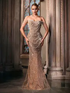 Luxury Beaded Mermaid Evening Gown | Strapless Champagne Formal Dress for Wedding & Prom | Maxi Length Woven Fabric Hand Beading Sequin Splicing Womenswear