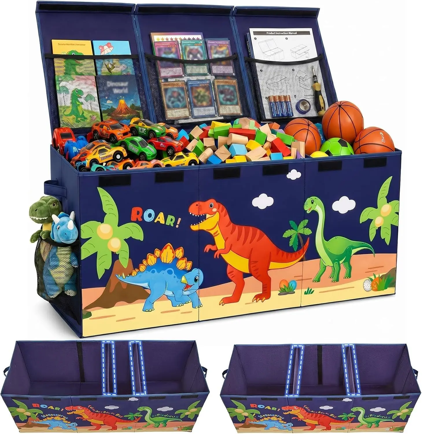 Unicorn Castle Toy Box with Adjustable Divider Toy Chest Storage Large Toy Storage Organizer Bin Collapsible with Lid Pockets for Nursery Playroom,Dark Blue Dinosaur