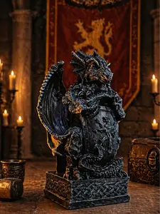 The Armored Kingdom Draconian Guardian Dragon Statue - Heavy Metal Ceramic Figurine with Shield, Medieval Winged Standing Decor, Fantasy Enthusiast Room Gift