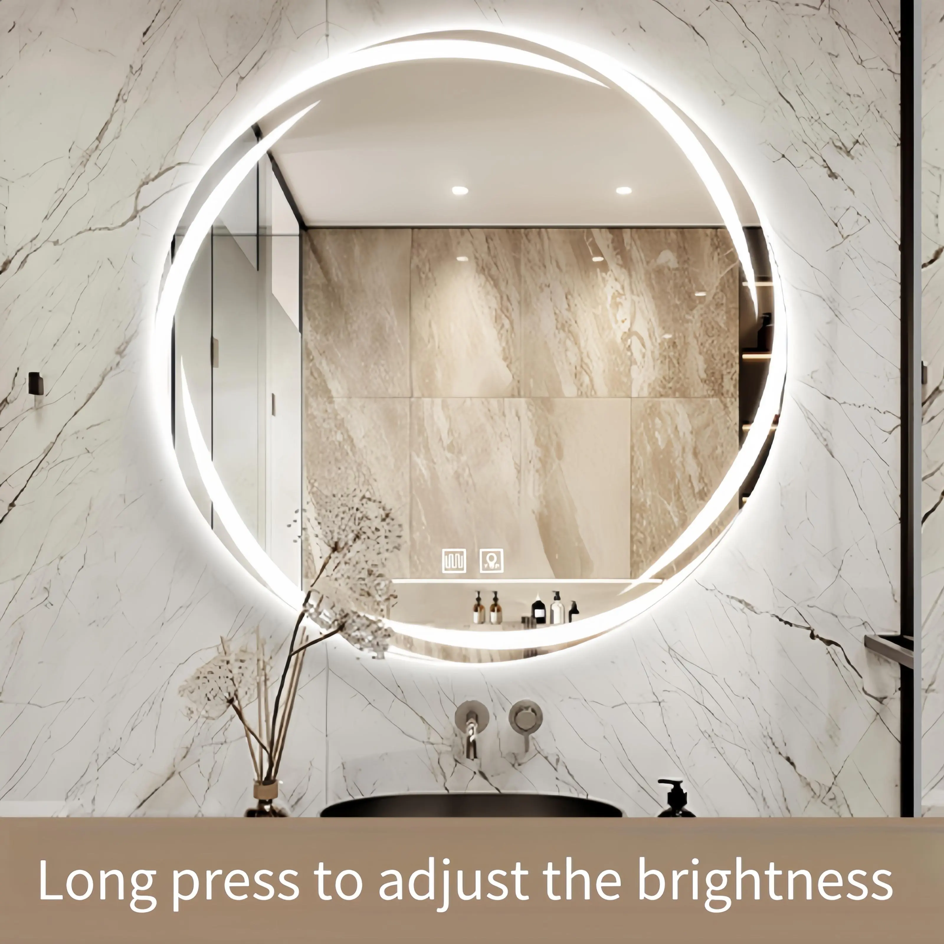 SHAMATE LED Smart Round Wall Mirror - 50cm/19.7in Diameter, Tempered Glass, Polished, Touch Controls, Ring LEDs, Dimmable, Energy-Saving Defogging, Wall-Mounted, Plug-In, Indoor Use, Auto Stop After 1 Hour, American Plug, Bathroom Fixture