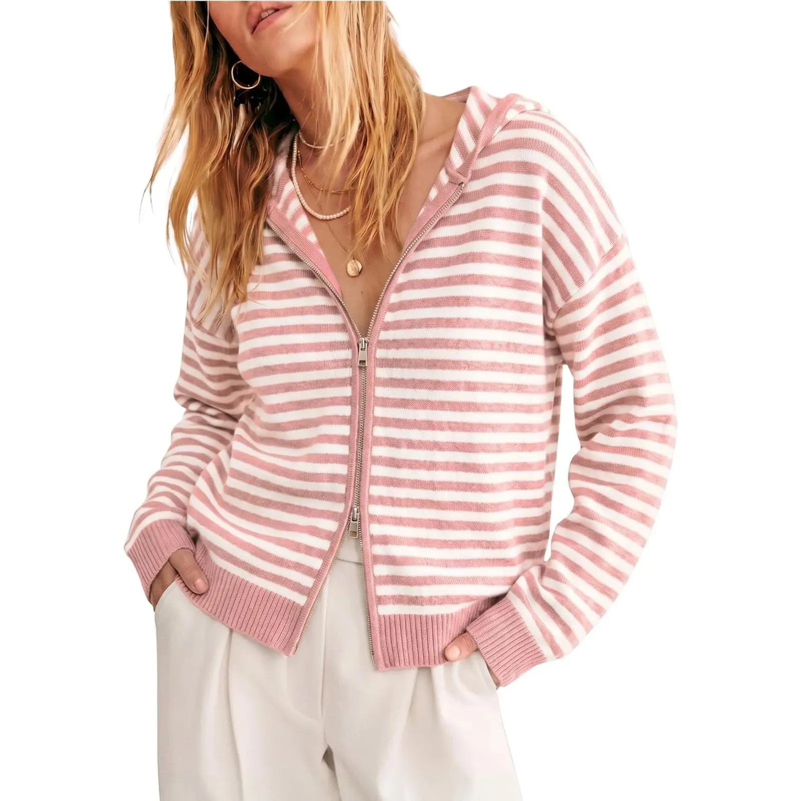 Cicy Bell Womens Striped Cardigan Zip Up Hooded Sweaters Casual Knit Long Sleeve Outerwear
