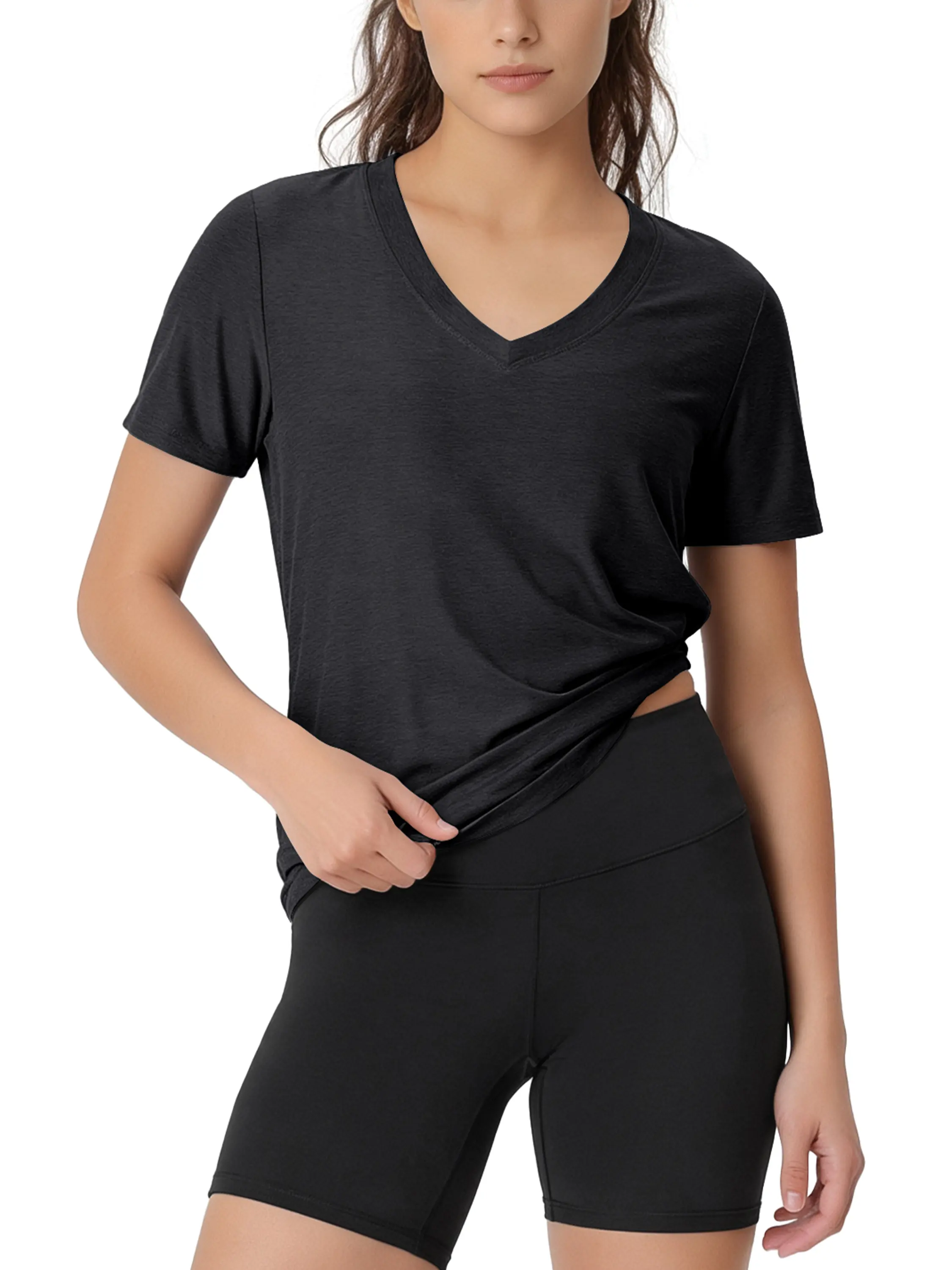 ODODOS Women's Short Sleeve Performance V-Neck Tunic Tops, Ultra Soft odSTRATUM Tech Tee, Side Slit Relaxed T-Shirts
