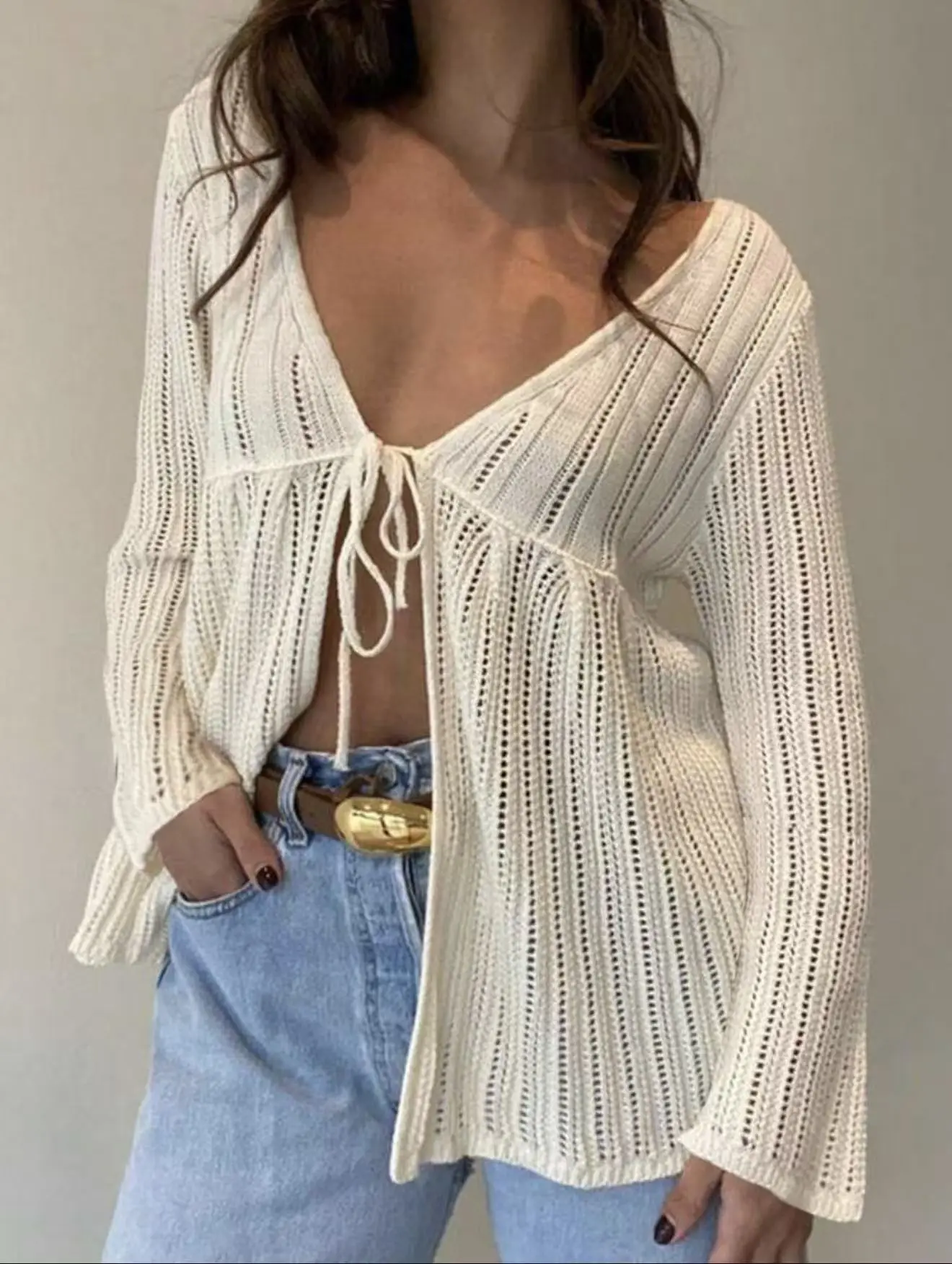 Sweet Dreams.Lady Women's Long-Sleeves Knitwear Tops - V-Neck Tie-Front Loose Casual Knit Cardigan, Hollow ThinLightweight Sun-Protective Retro Style, Suitable forCommute, Vacation, Beach