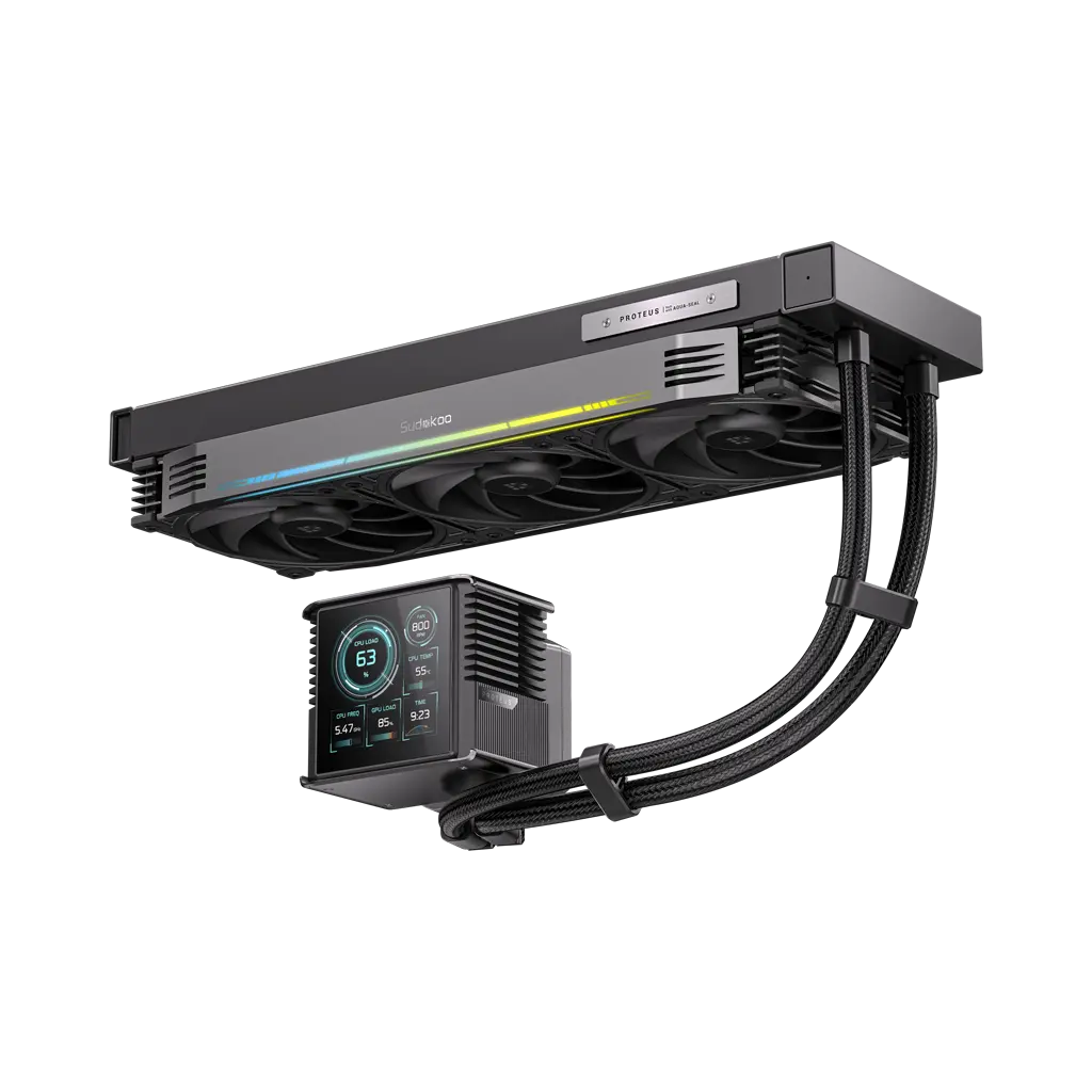 Sudokoo PROTEUS 360 Liquid Cooler with 3 High-Performance 30mm Thick Fans, 3.4" LCD Screen, 3-Phase 6-Slot 4-Pole FOC Control, Magnetic Pump Cap, Customizable RGB Lighting & 360-Degree Flexibility, 3 High-Performance Fans