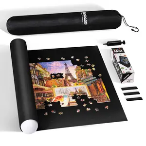 2000-Pc Jigsaw Puzzle Mat Roll Up with Black Pump & Drawstring Storage Bag, Black Felt Mat for Easy Transport & Storage