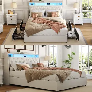 Full Size Bed Frame with Storage Headboard,Charging Station and LED Lights,Luxury Leather Upholstered Full Platform Bed with 4 Storage Drawers, Modern Full Storage Bed for Bedroom,No Box Spring Needed (White+LED, Full)